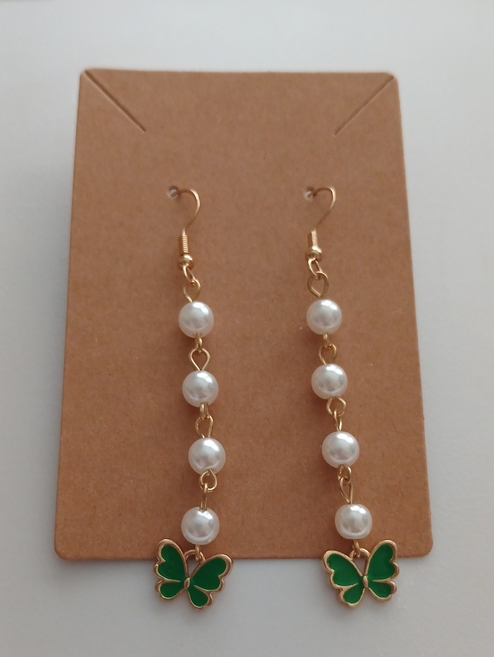 Fashion Jewelry Gold-Tone Pearl Drop Earrings with Green Butterfly Charms